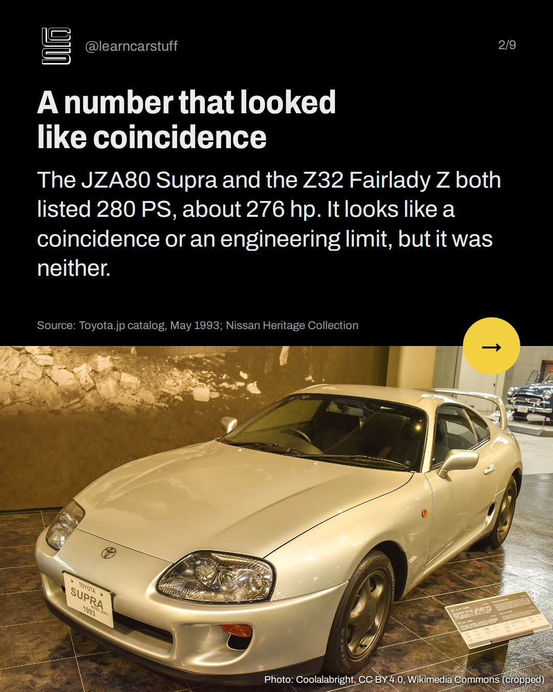 A number that looked like coincidence. The JZA80 Supra and the Z32 Fairlady Z both listed 280 PS, about 276 hp. It looks like a coincidence or an engineering limit, but it was neither.