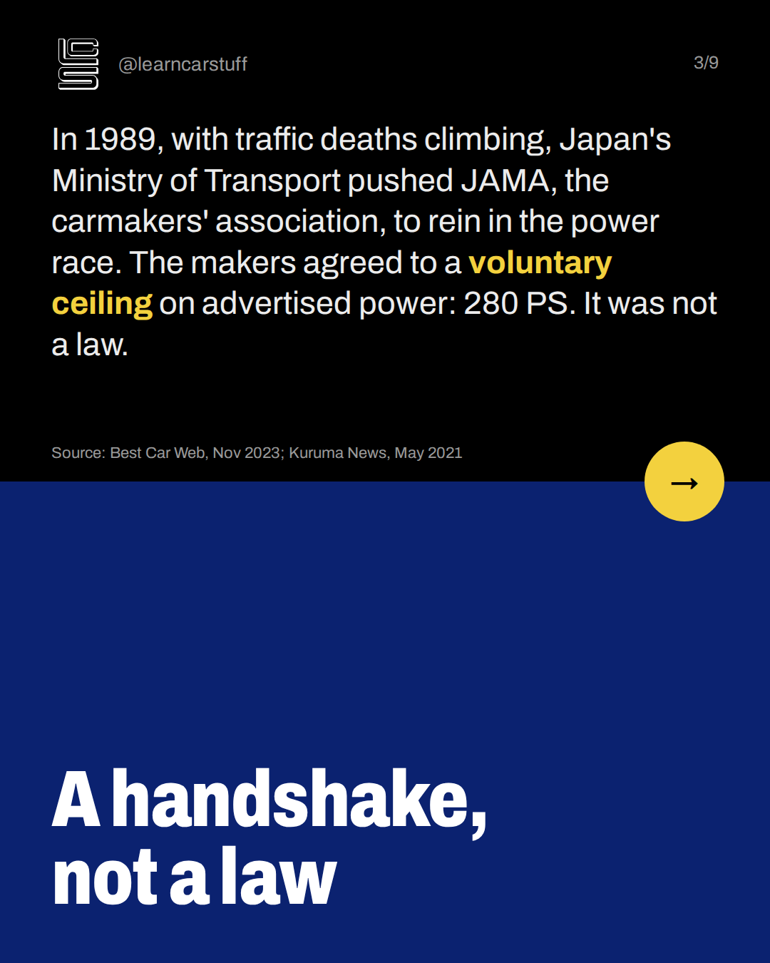 A handshake, not a law. In 1989, with traffic deaths climbing, Japan's Ministry of Transport pushed JAMA, the carmakers' association, to rein in the power race. The makers agreed to a voluntary ceiling on advertised power: 280 PS. It was not a law.