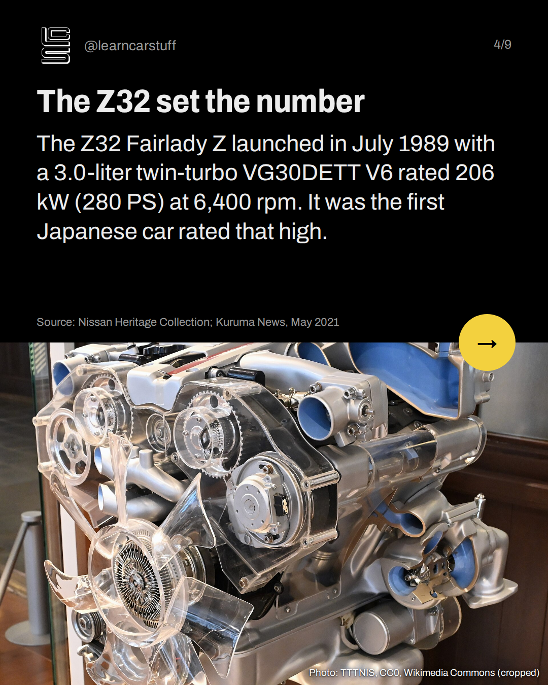 The Z32 set the number. The Z32 Fairlady Z launched in July 1989 with a 3.0-liter twin-turbo VG30DETT V6 rated 206 kW (280 PS) at 6,400 rpm. It was the first Japanese car rated that high.