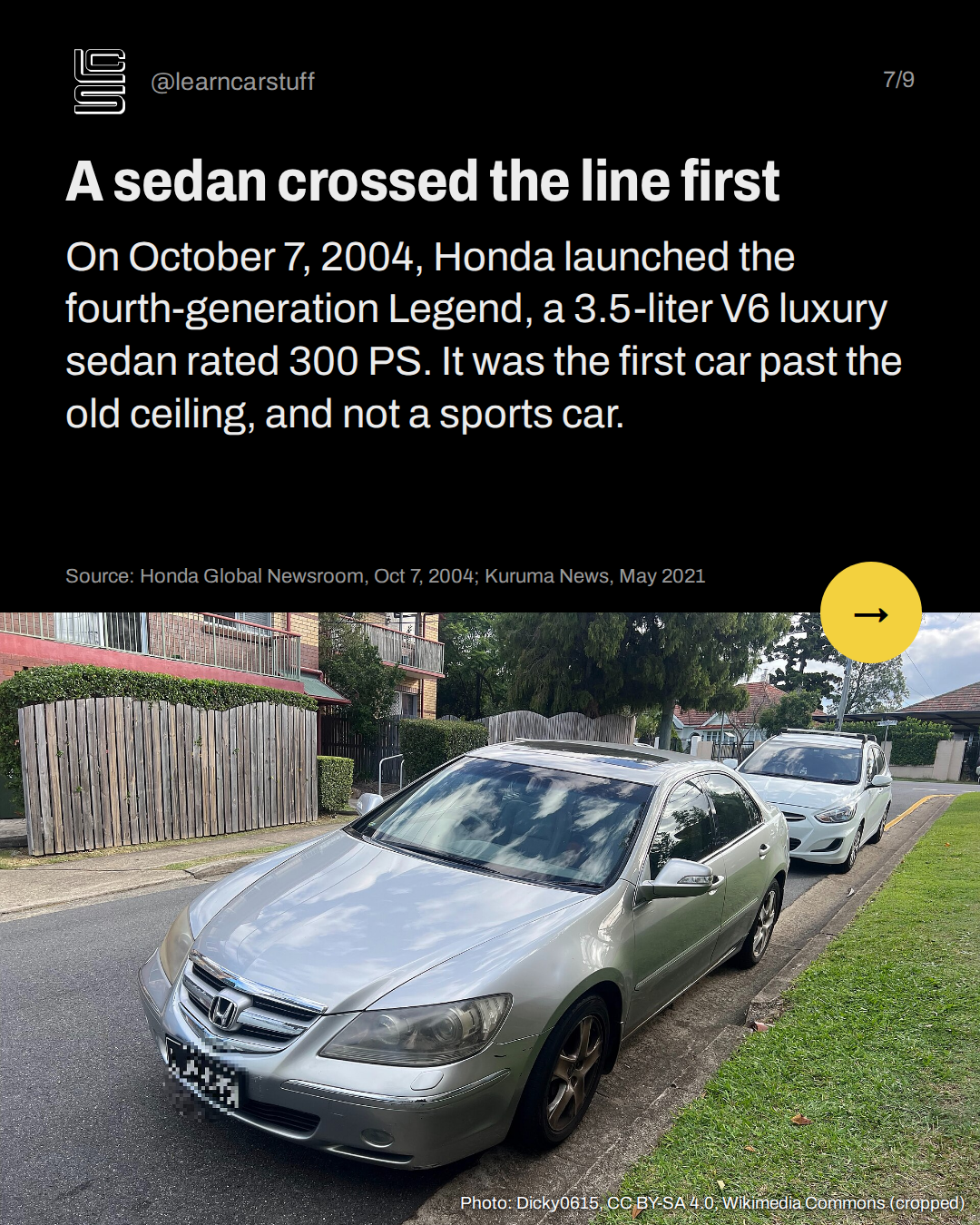 A sedan crossed the line first. On October 7, 2004, Honda launched the fourth-generation Legend, a 3.5-liter V6 luxury sedan rated 300 PS. It was the first car past the old ceiling, and not a sports car.