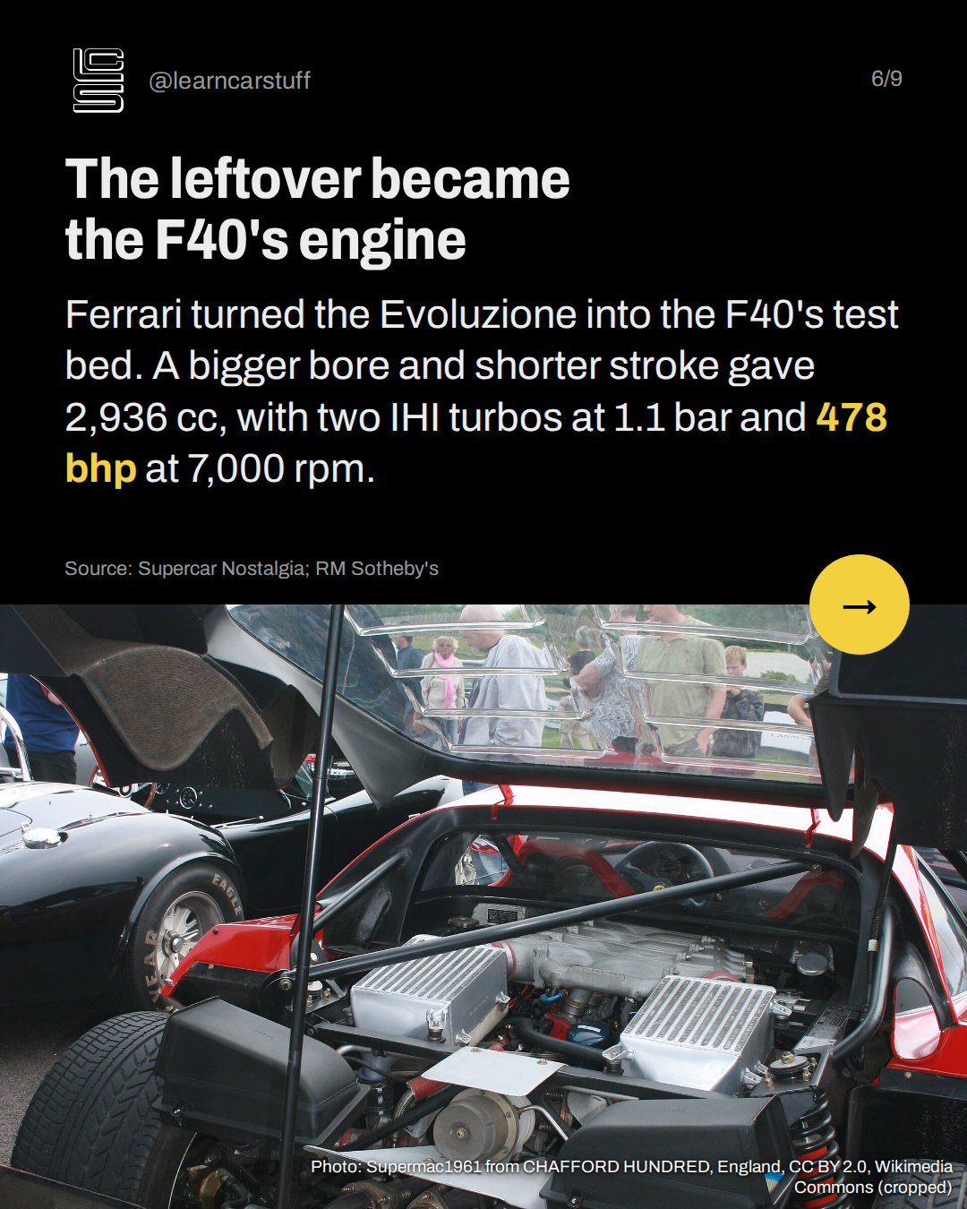 The leftover became the F40's engine. Ferrari turned the Evoluzione into the F40's test bed. A bigger bore and shorter stroke gave 2,936 cc, with two IHI turbos at 1.1 bar and 478 bhp at 7,000 rpm.
