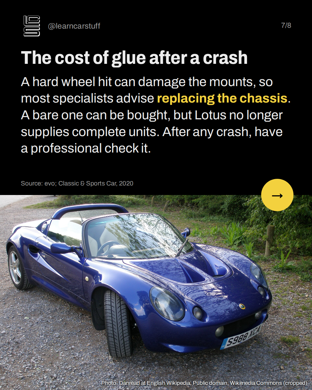 The cost of glue after a crash. A hard wheel hit can damage the mounts, so most specialists advise replacing the chassis. A bare one can be bought, but Lotus no longer supplies complete units. After any crash, have a professional check it.