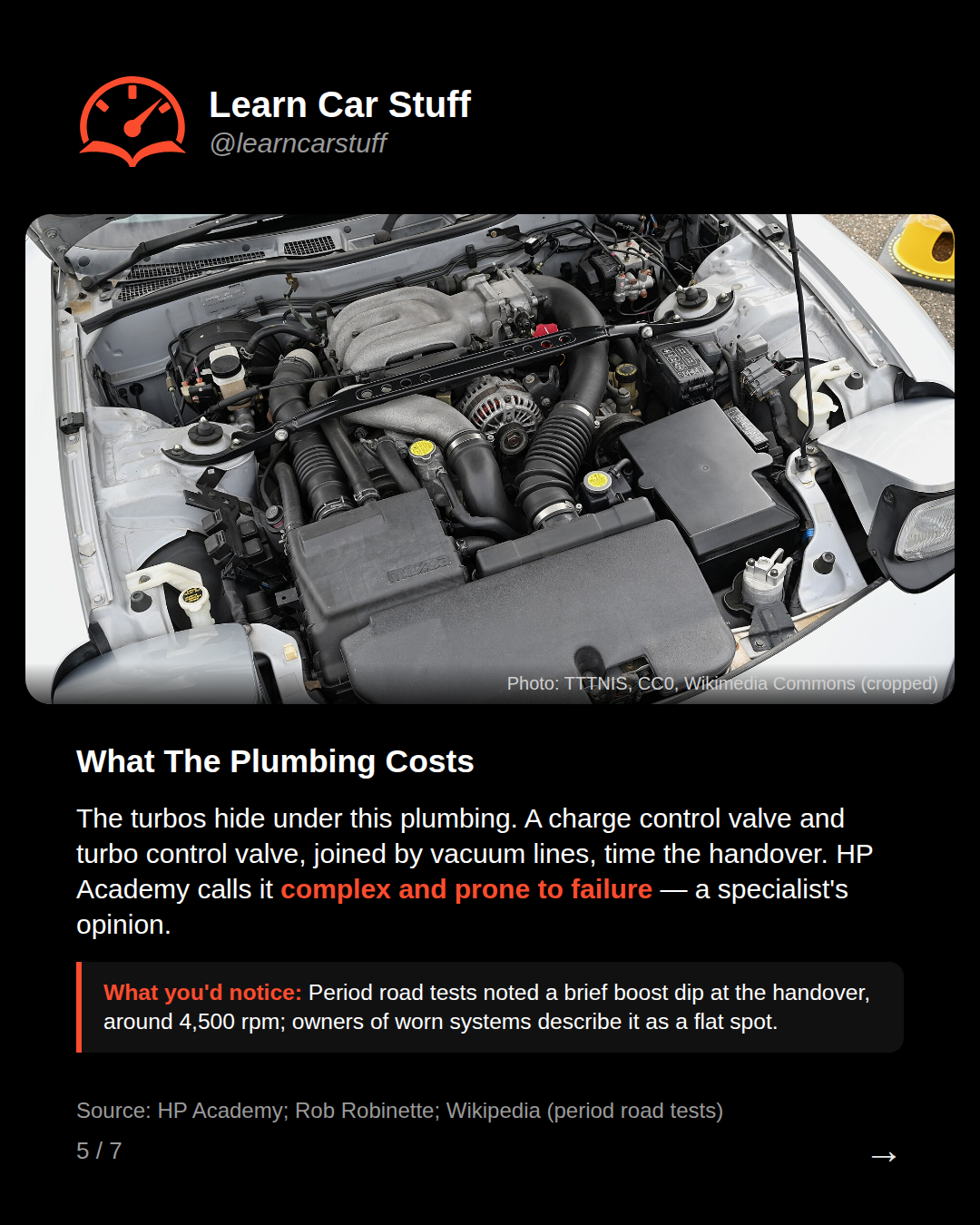 What The Plumbing Costs. The turbos hide under this plumbing. A charge control valve and turbo control valve, joined by vacuum lines, time the handover. HP Academy calls it complex and prone to failure — a specialist's opinion.