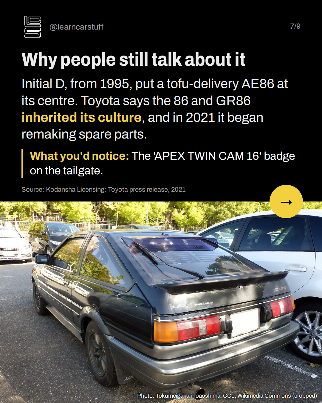 Why people still talk about it. Initial D, from 1995, put a tofu-delivery AE86 at its centre. Toyota says the 86 and GR86 inherited its culture, and in 2021 it began remaking spare parts.
