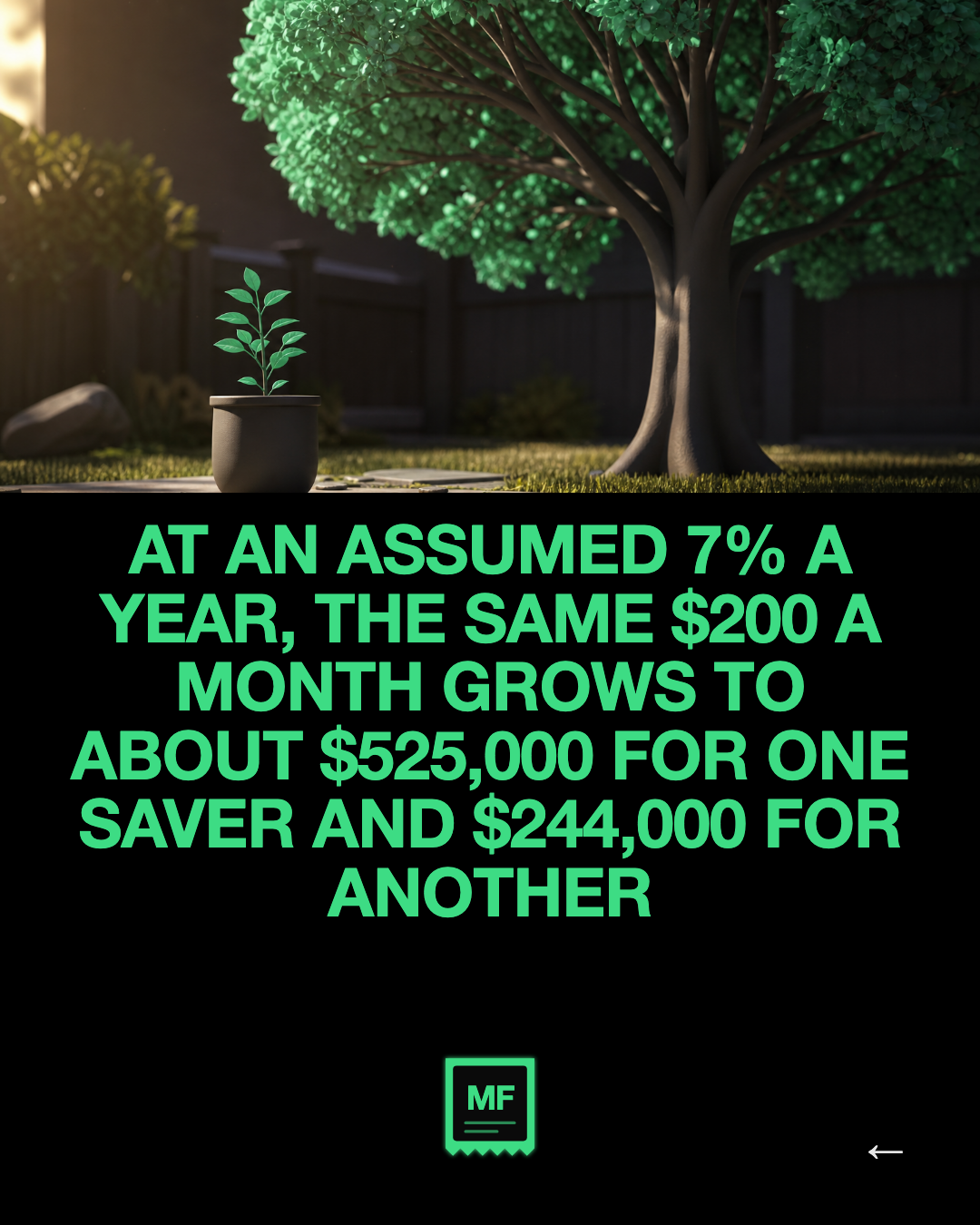 At an assumed 7% a year, the same $200 a month grows to about $525,000 for one saver and $244,000 for another