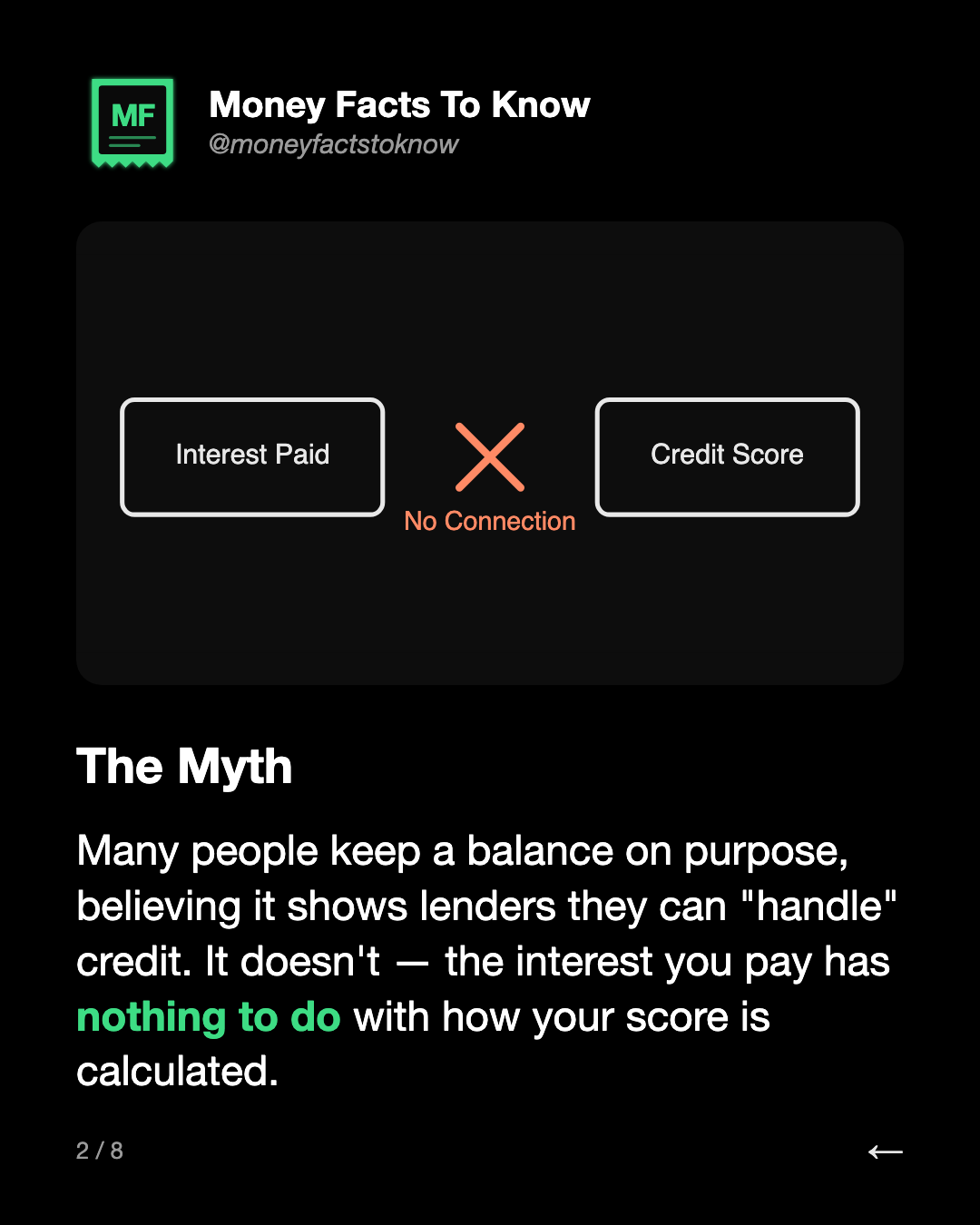 The Myth. Many people keep a balance on purpose, believing it shows lenders they can "handle" credit. It doesn't — the interest you pay has nothing to do with how your score is calculated.
