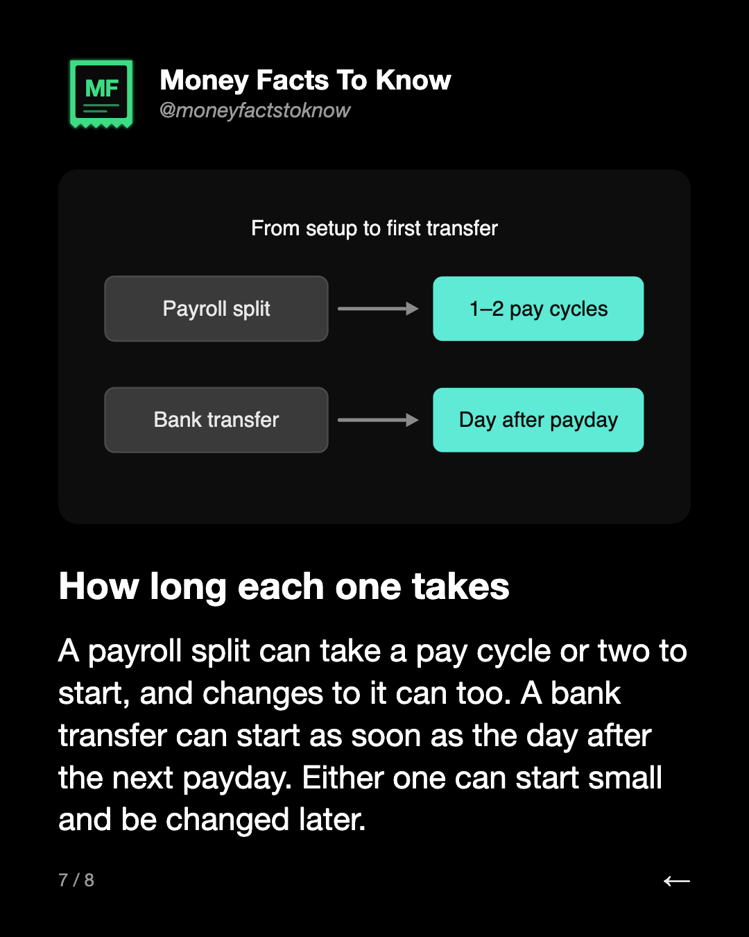 How long each one takes. A payroll split can take a pay cycle or two to start, and changes to it can too. A bank transfer can start as soon as the day after the next payday. Either one can start small and be changed later.