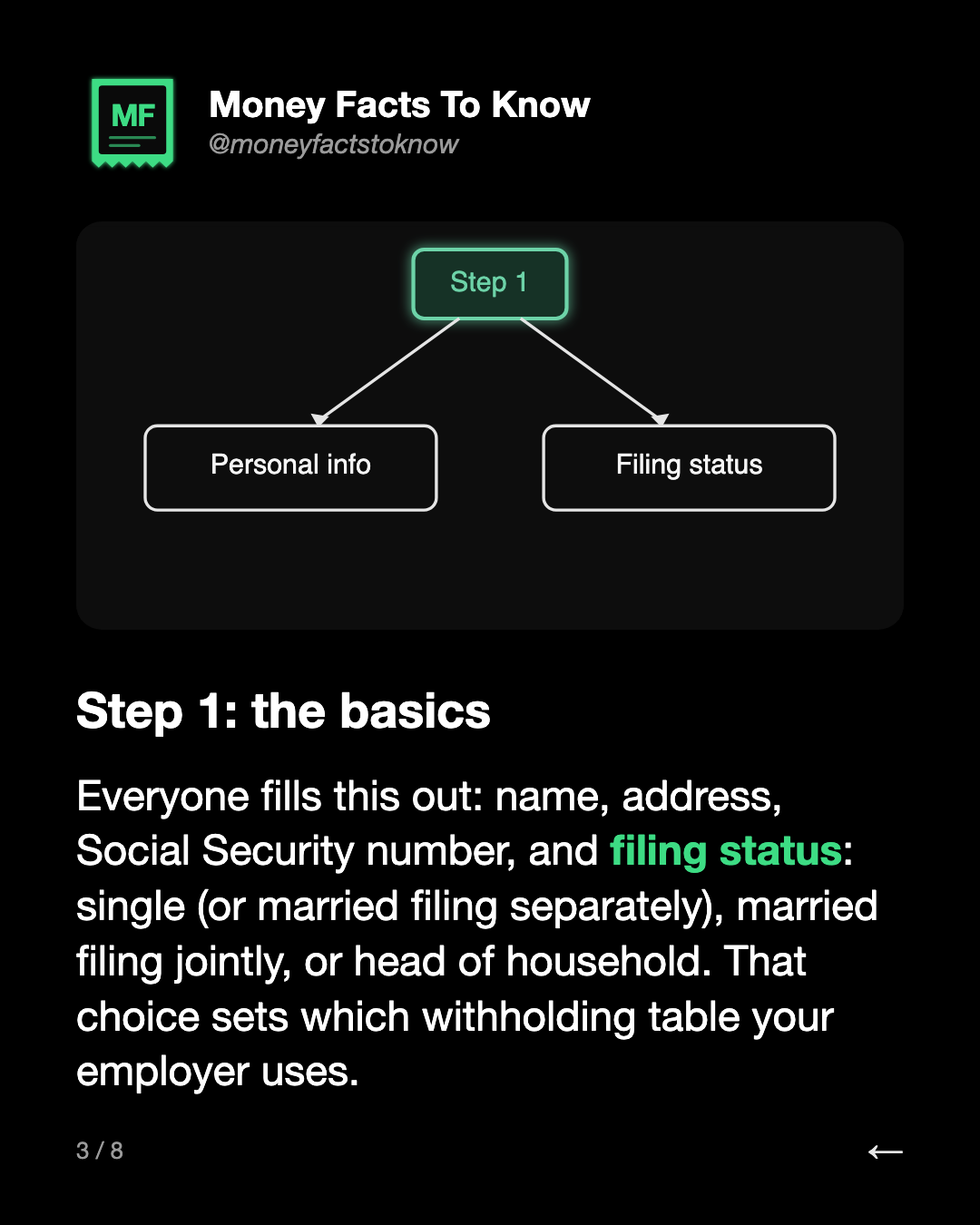 Step 1: the basics. Everyone fills this out: name, address, Social Security number, and filing status: single (or married filing separately), married filing jointly, or head of household. That choice sets which withholding table your employer uses.