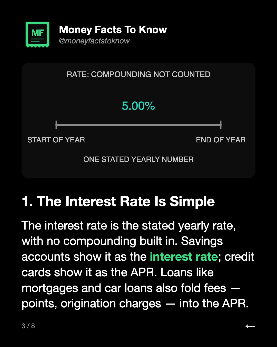 1. The Interest Rate Is Simple. The interest rate is the stated yearly rate, with no compounding built in. Savings accounts show it as the interest rate; credit cards show it as the APR. Loans like mortgages and car loans also fold fees — points, origination charges — into the APR.