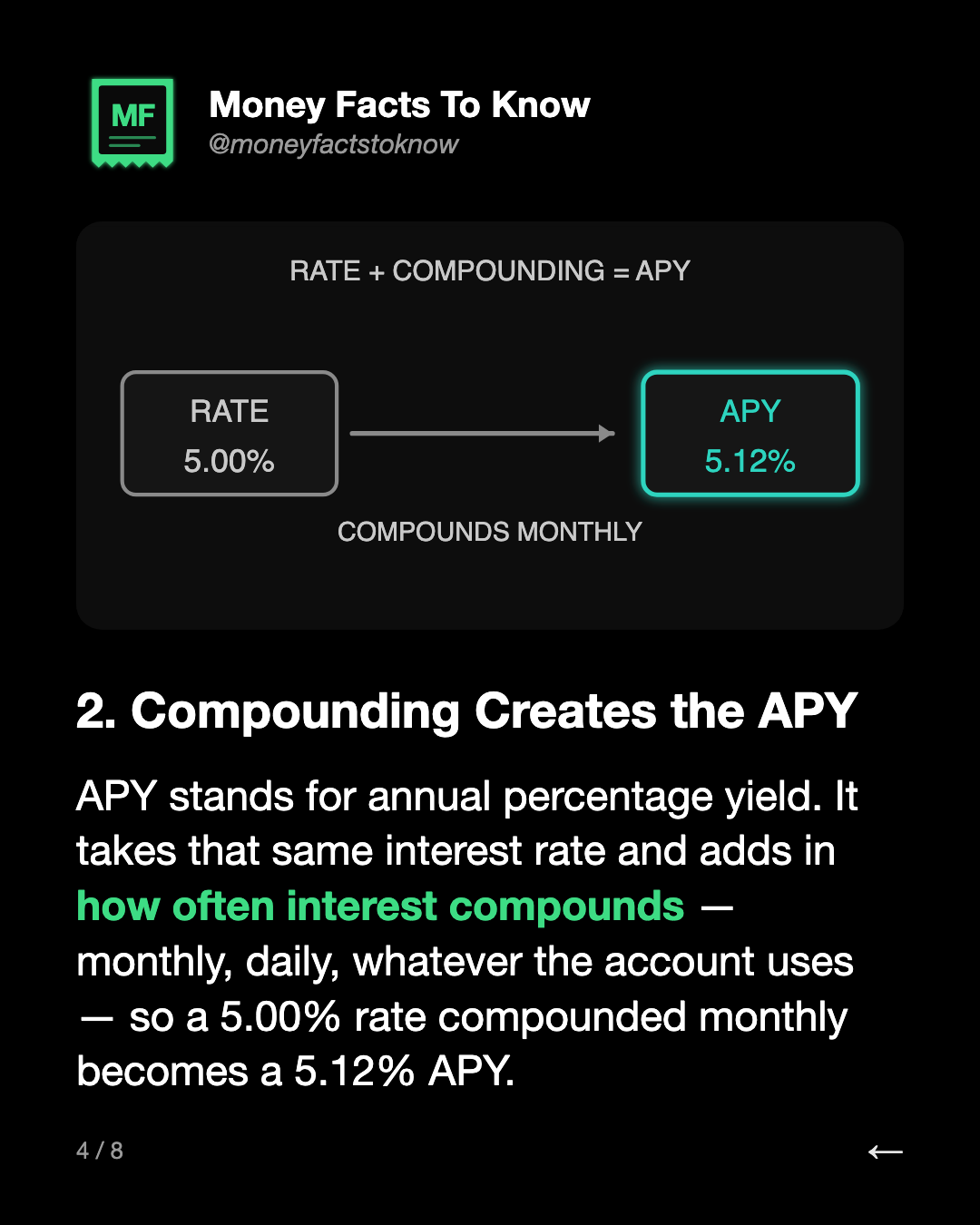 2. Compounding Creates the APY. APY stands for annual percentage yield. It takes that same interest rate and adds in how often interest compounds — monthly, daily, whatever the account uses — so a 5.00% rate compounded monthly becomes a 5.12% APY.