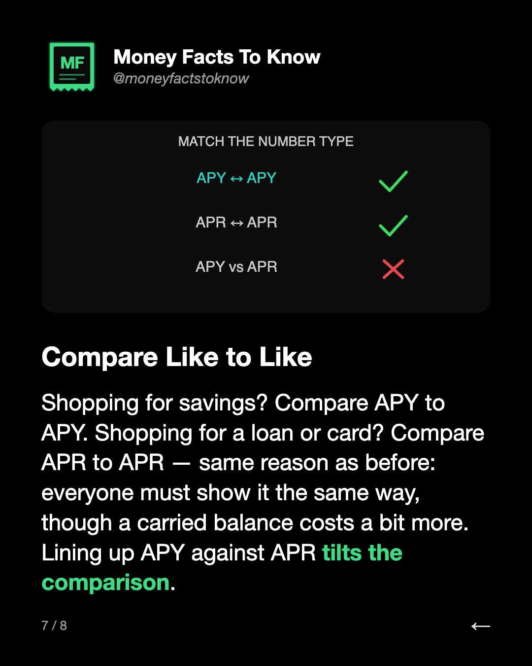 Compare Like to Like. Shopping for savings? Compare APY to APY. Shopping for a loan or card? Compare APR to APR — same reason as before: everyone must show it the same way, though a carried balance costs a bit more. Lining up APY against APR tilts the comparison.