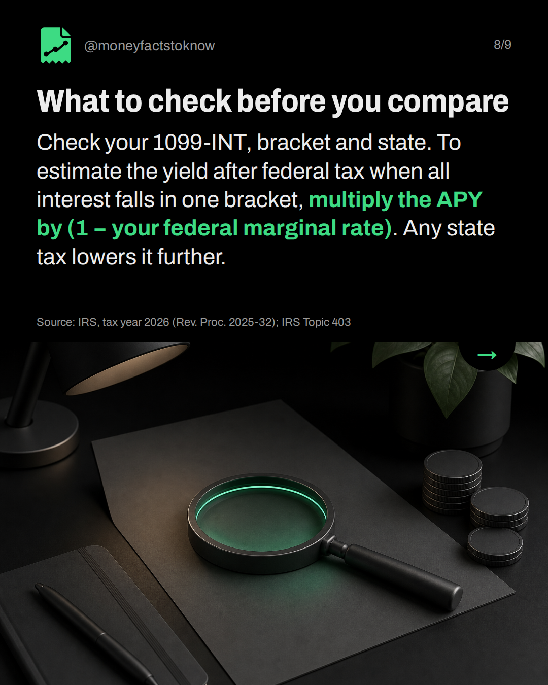 What to check before you compare. Check your 1099-INT, bracket and state. To estimate the yield after federal tax when all interest falls in one bracket, multiply the APY by (1 − your federal marginal rate). Any state tax lowers it further.